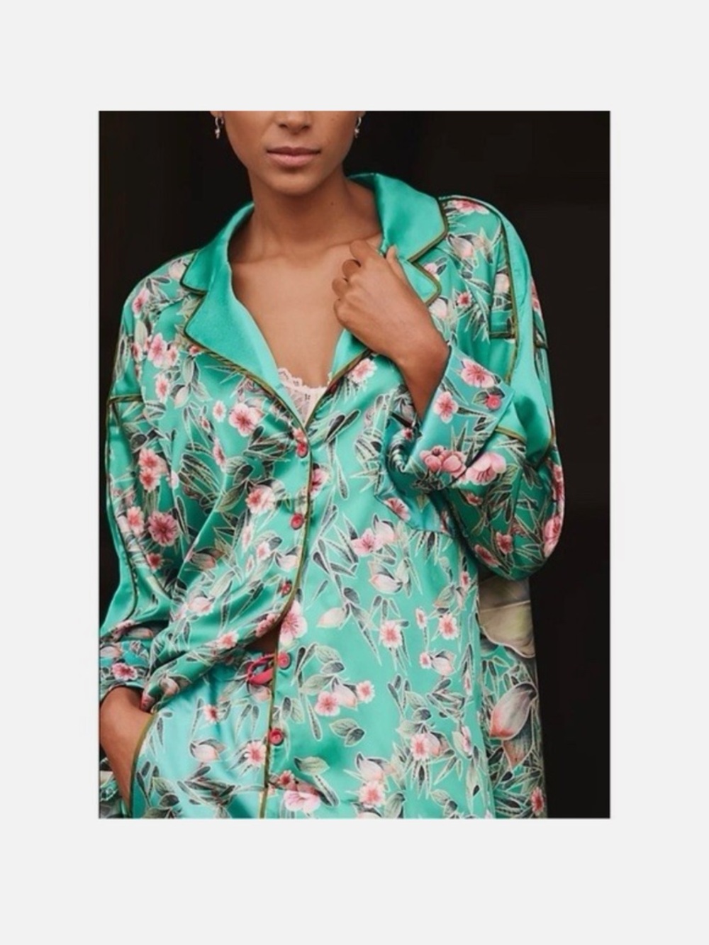 We are HAH x free people green satin silky pajama printed floral set - Picture 2 of 10